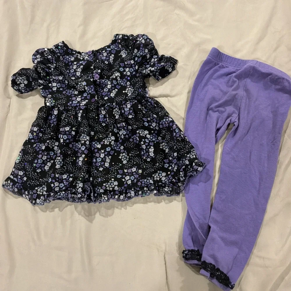 Wonder Kids Two Piece Set Floral‎ Glittery Dress Matching Pants Purple Black 2t